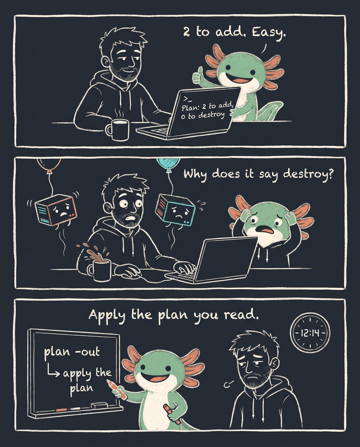 Three panels: an engineer approves a plan that says 2 to add, presses enter and watches two little servers float away like balloons, then Axel writes 'apply the plan you read' on a whiteboard.