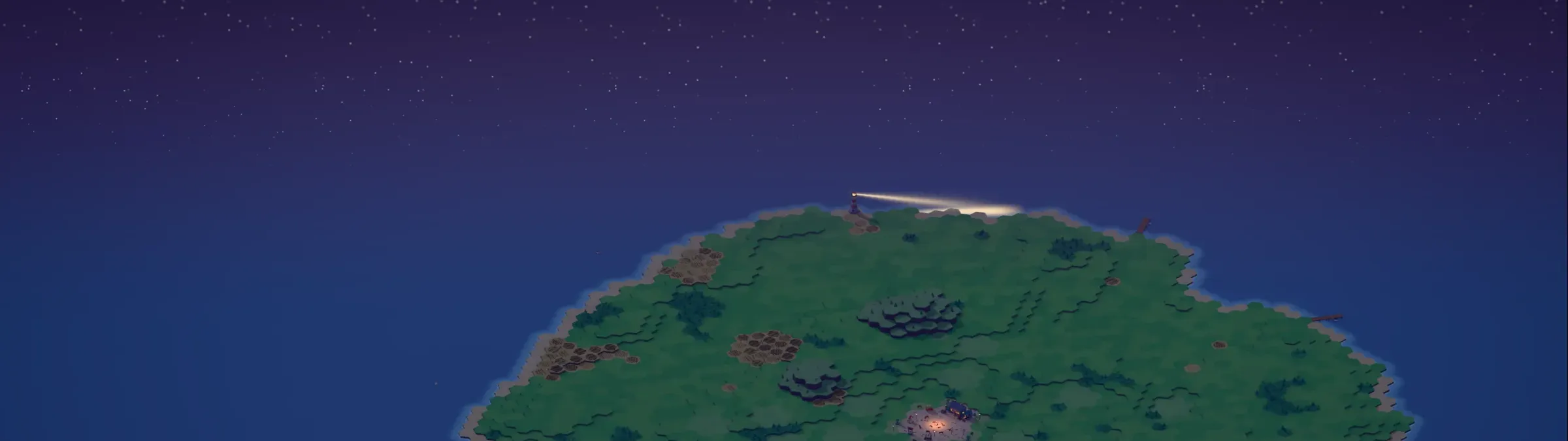 Axolotl Town at night: the island under the stars, the lighthouse beam over the sea