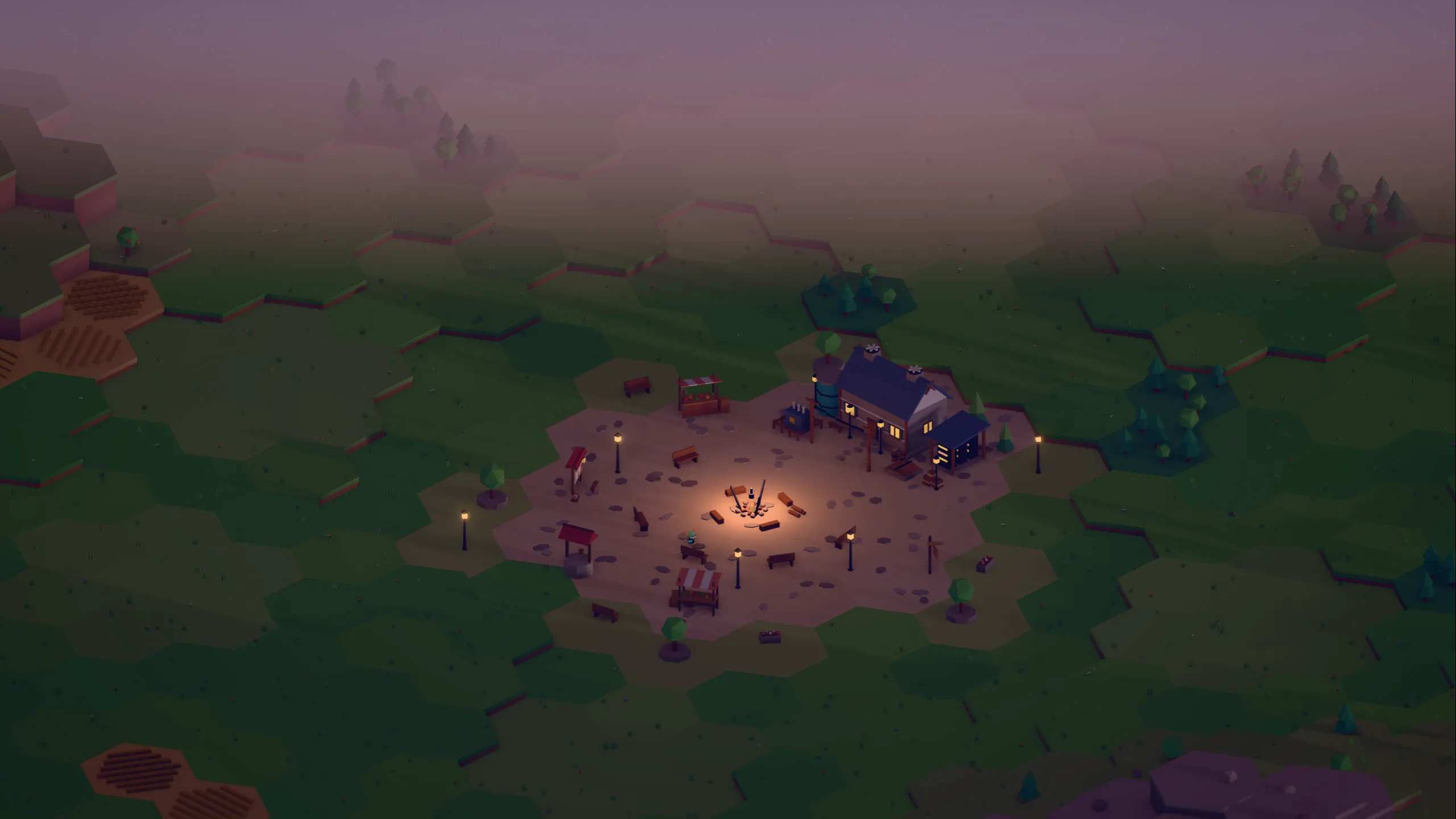 Axolotl Town at dusk: the campfire commons and a lit house on a low-poly island