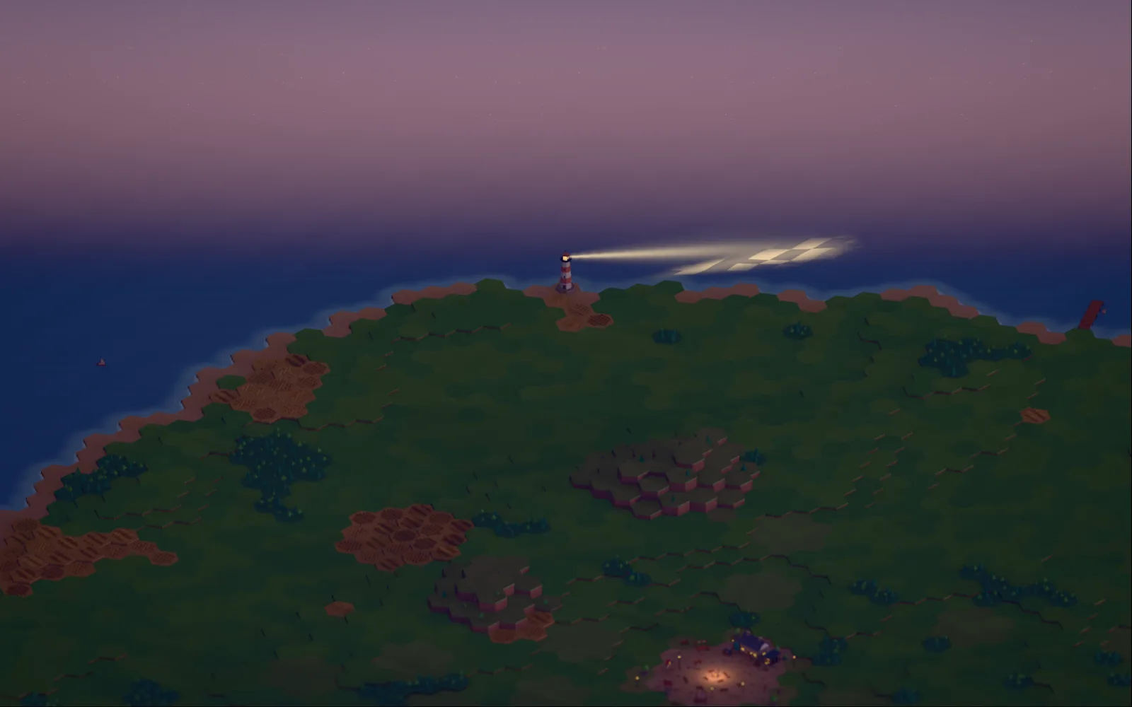The lighthouse on the coast of Axolotl Town at dusk, its beam over the sea